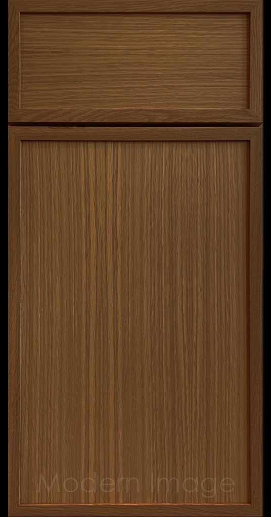 Close-up of a Cognac Stain Arcadia shaker-style cabinet door, featuring slim stile & rail surrounding a flat center panel